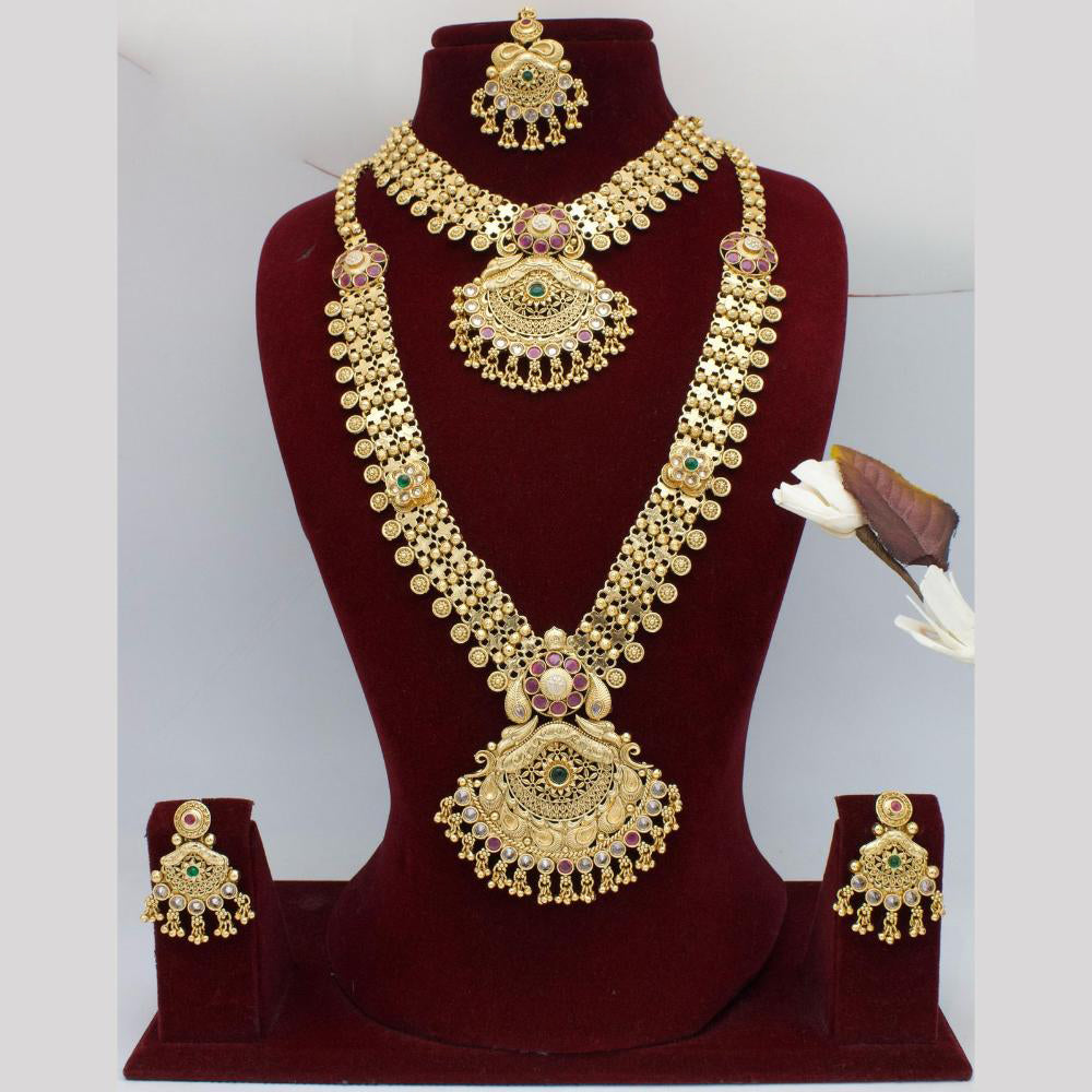 India Art Gold Plated Pota Stone And Pearls Double Necklace Set