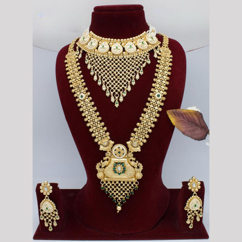 India Art Gold Plated Pota Stone And Pearls Double Necklace Set