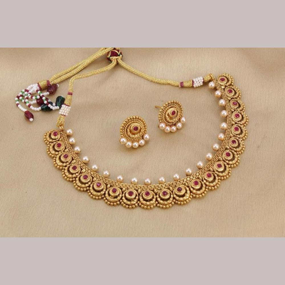 India Art Gold Plated Pota Stone And Beads Necklace Set