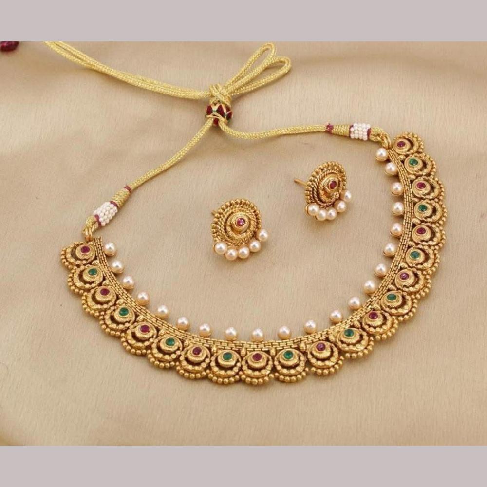 India Art Gold Plated Pota Stone And Beads Necklace Set