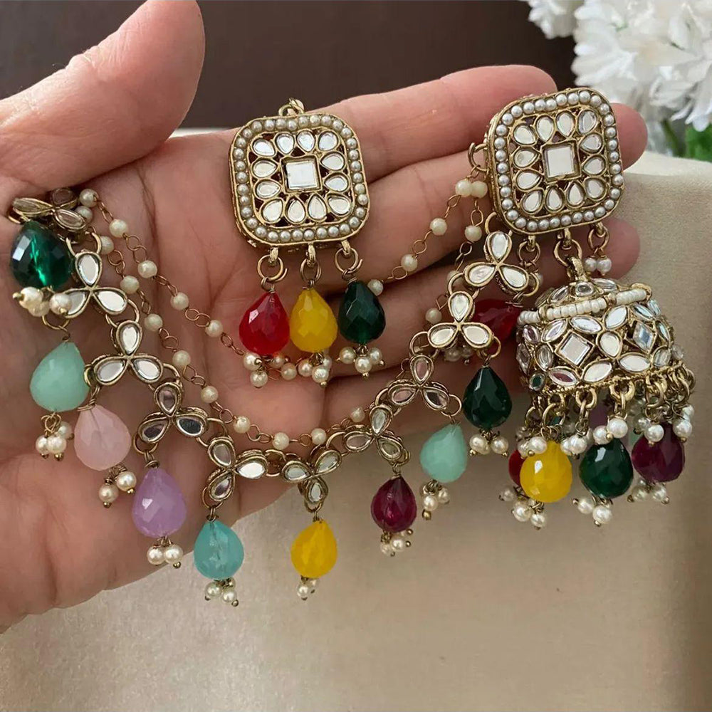 India Art Gold Plated Kundan And Beads Jhumki Kanchain Earrings