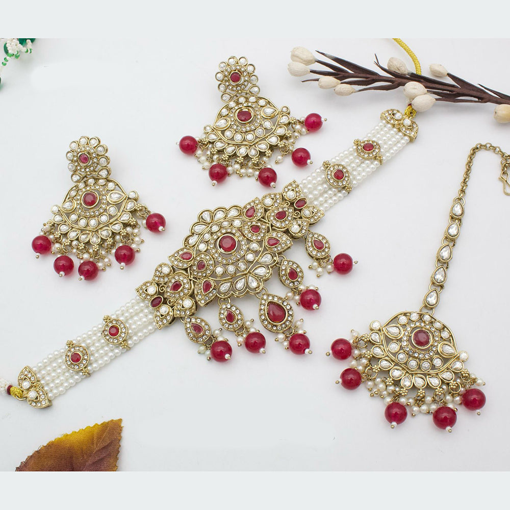 India Art Gold Plated Kundan & Beads Traditional Bridal Jewelry Choker Necklace Set