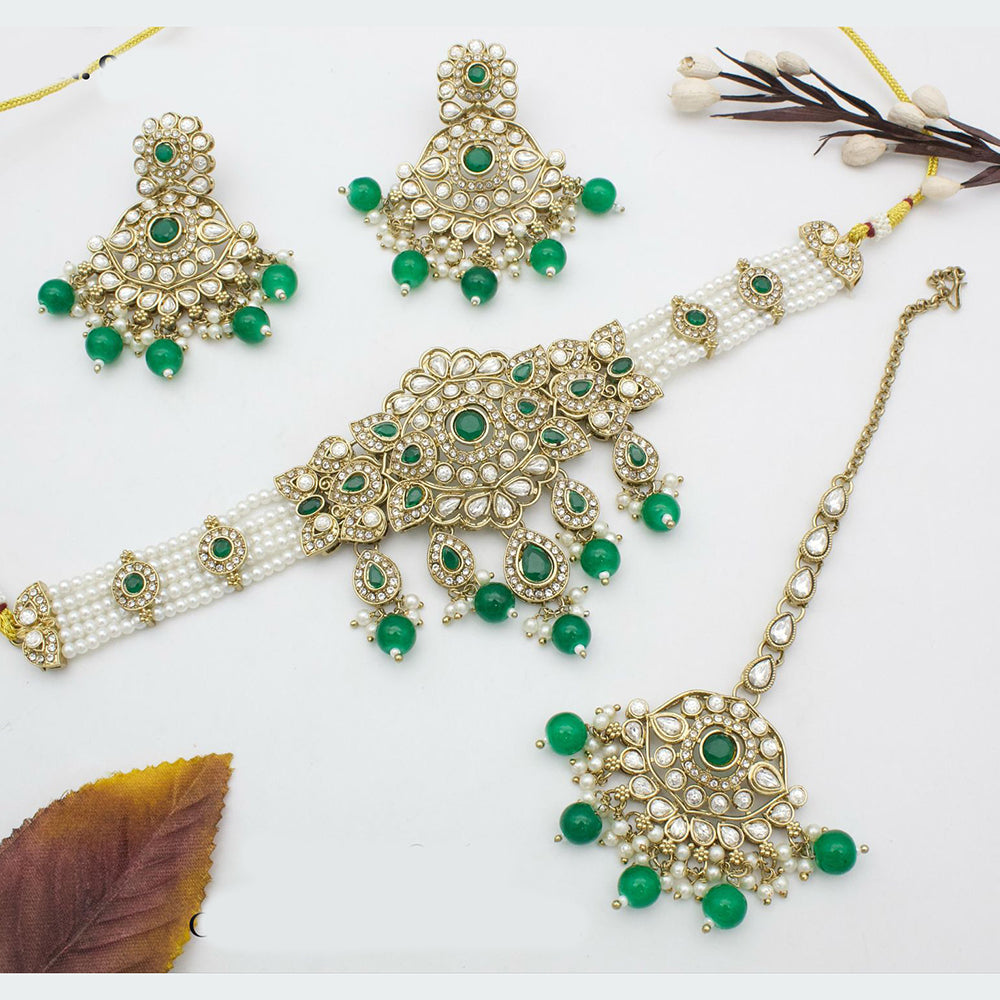 India Art Gold Plated Kundan & Beads Traditional Bridal Jewelry Choker Necklace Set