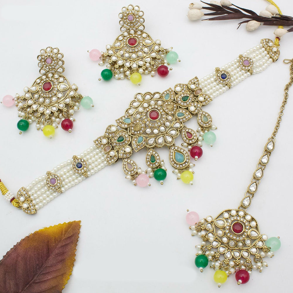 India Art Gold Plated Kundan & Beads Traditional Bridal Jewelry Choker Necklace Set