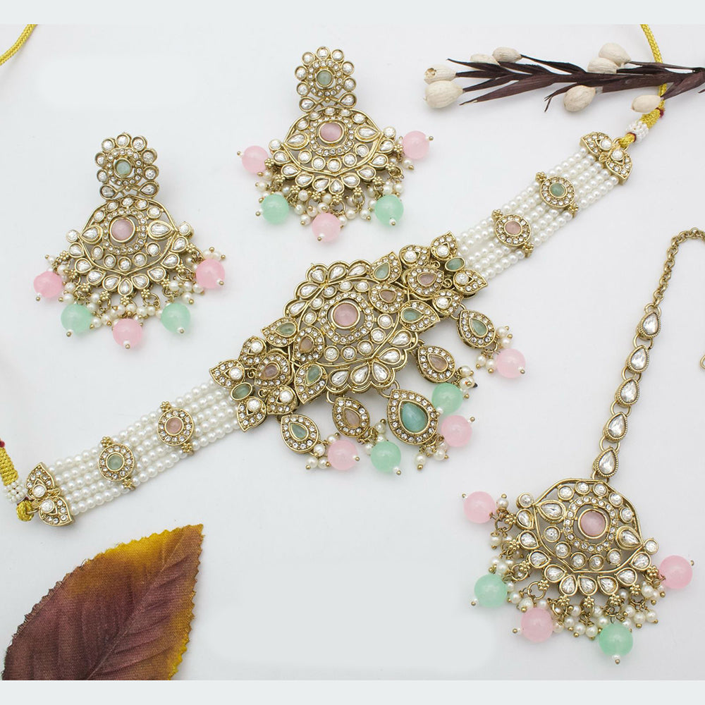 India Art Gold Plated Kundan & Beads Traditional Bridal Jewelry Choker Necklace Set