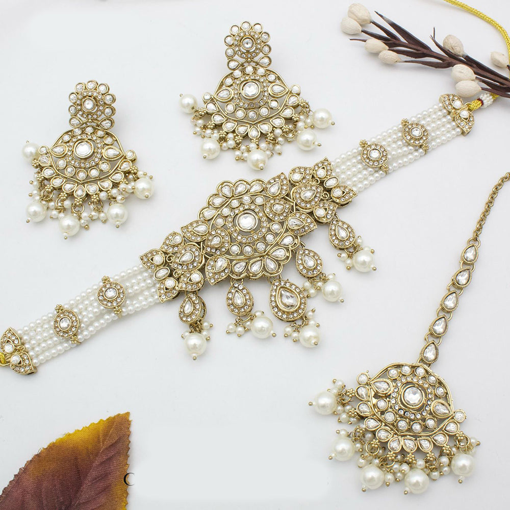 India Art Gold Plated Kundan & Beads Traditional Bridal Jewelry Choker Necklace Set