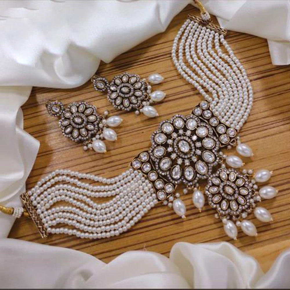 India Art Gold Plated Kundan And Pearl Choker Necklace Set