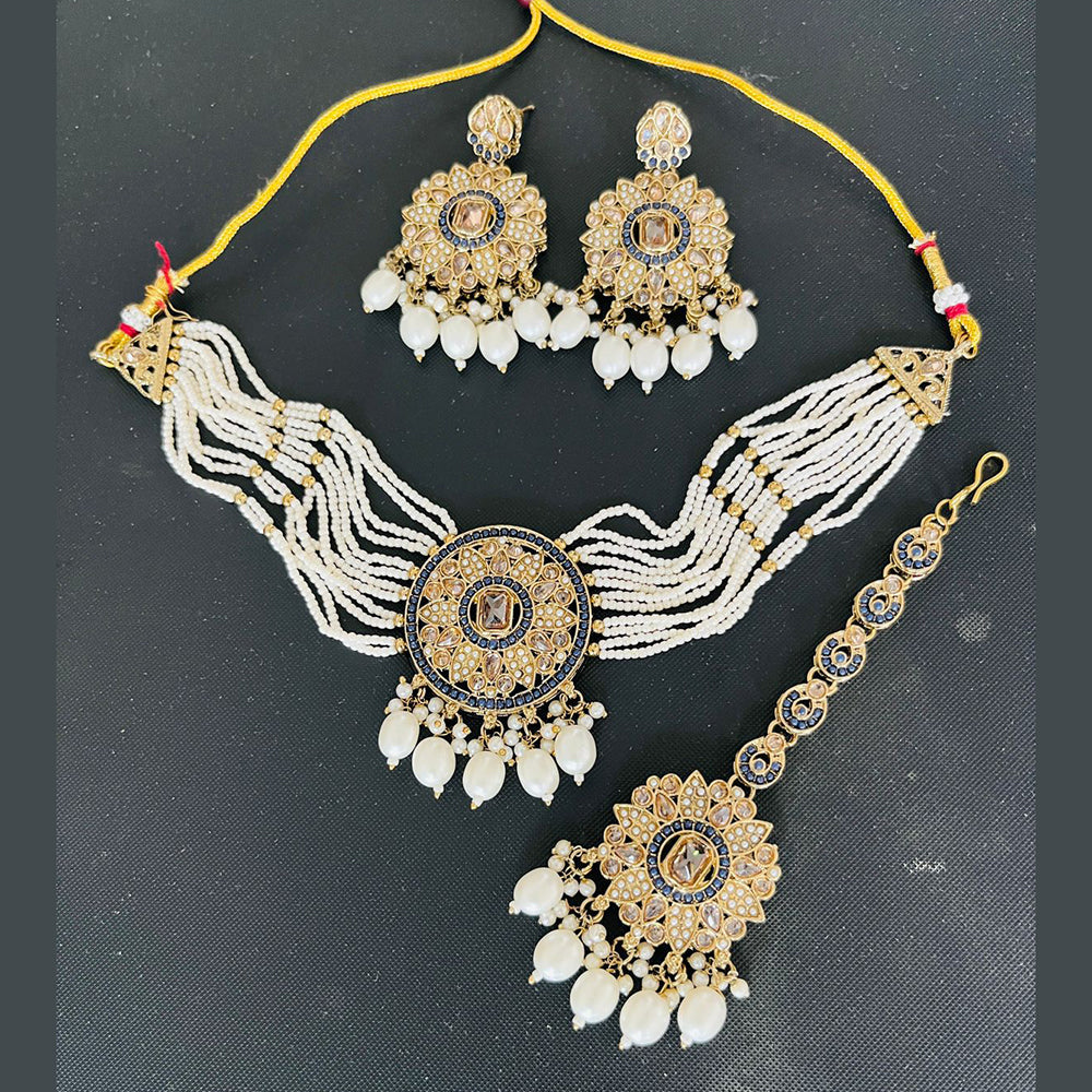 India Art Gold Plated Crystal Stone And Pearl Choker Necklace Set