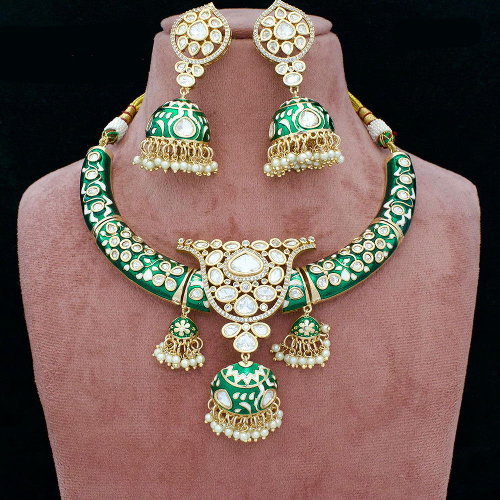 India Art Gold Plated Kundan Stone And Meenakari Necklace Set