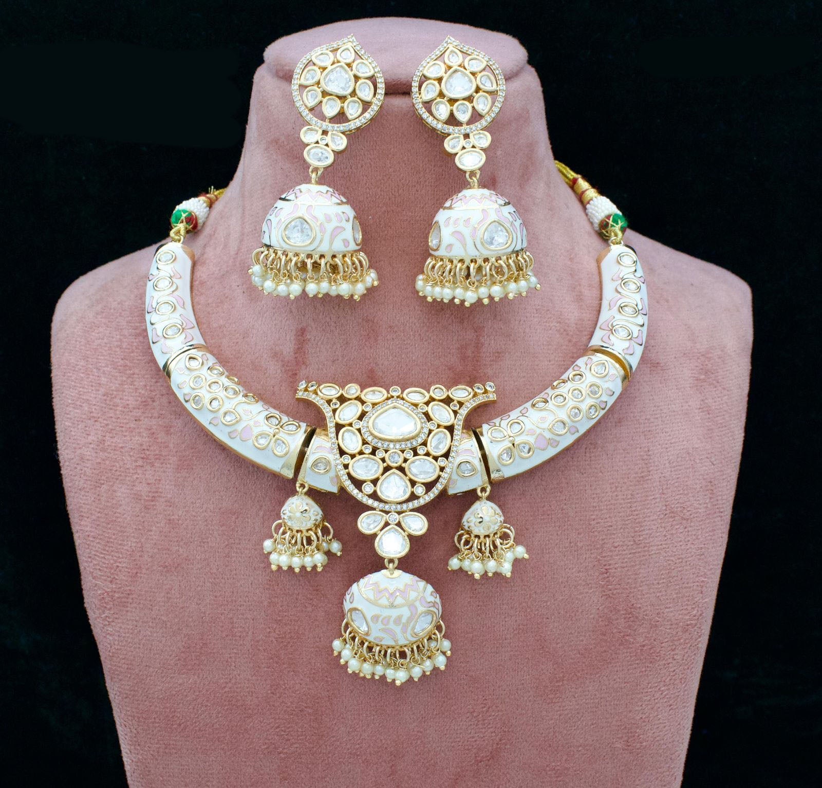 India Art Gold Plated Kundan Stone And Meenakari Necklace Set