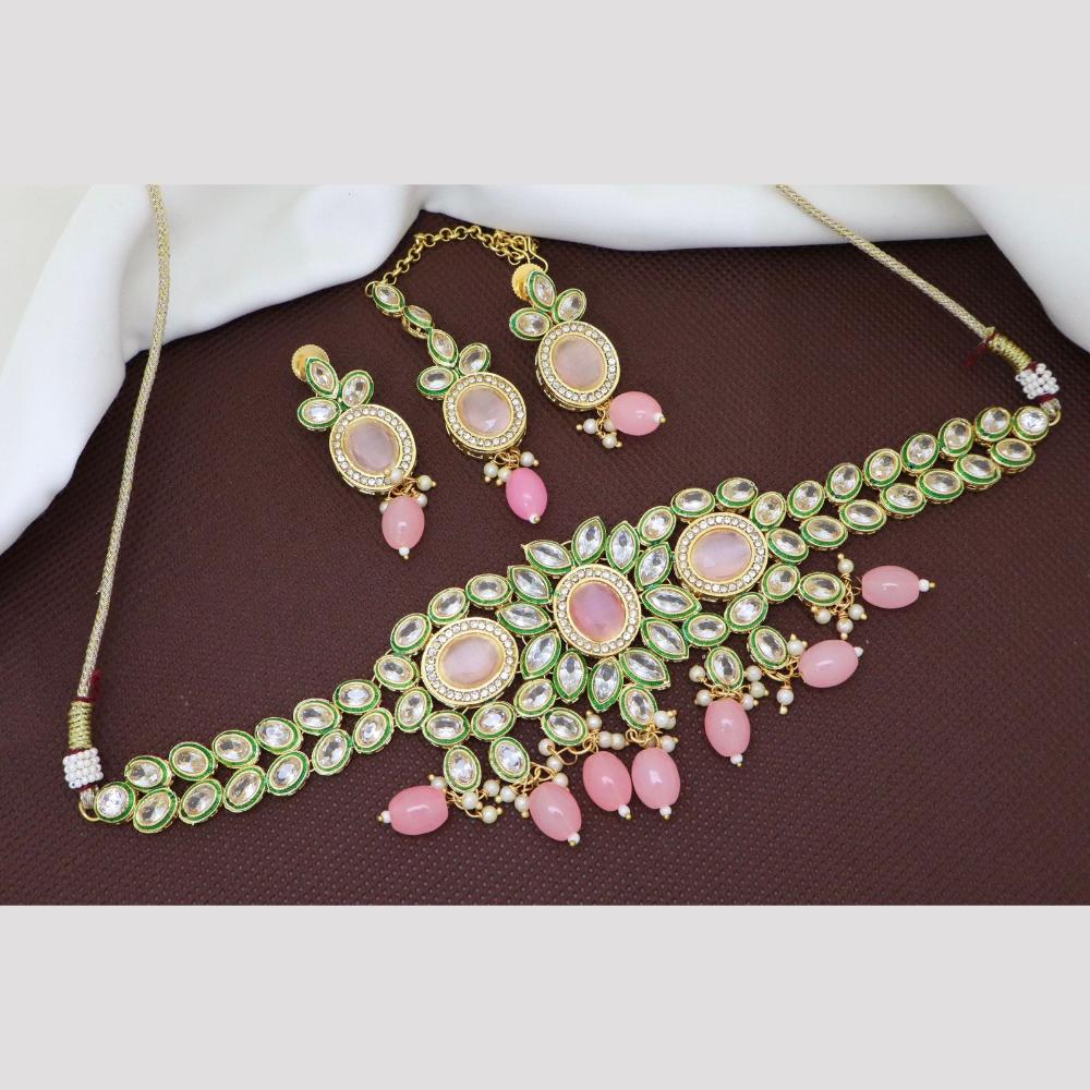 India Art Gold Plated Crystal Stone And Pearl Choker Necklace Set