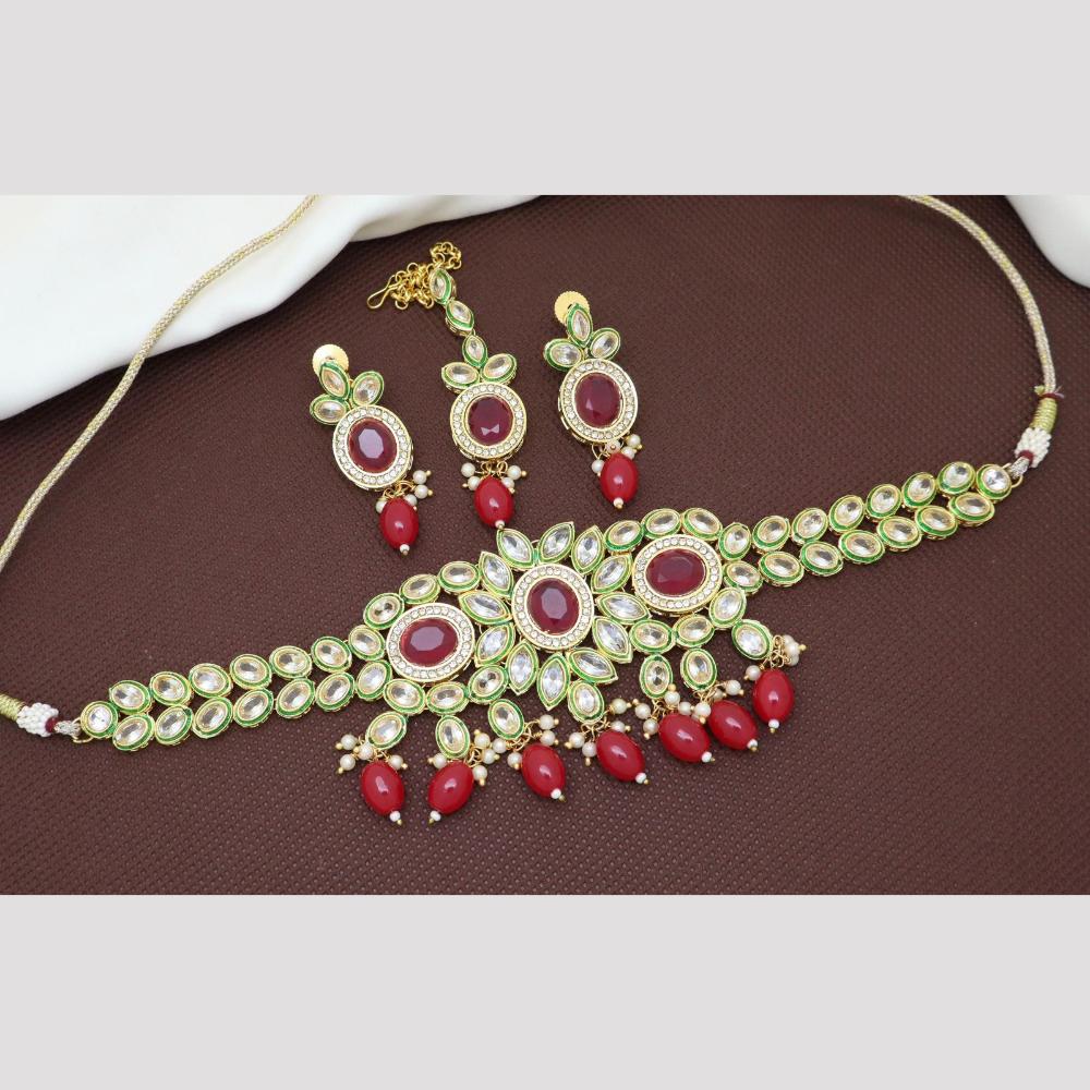 India Art Gold Plated Crystal Stone And Pearl Choker Necklace Set
