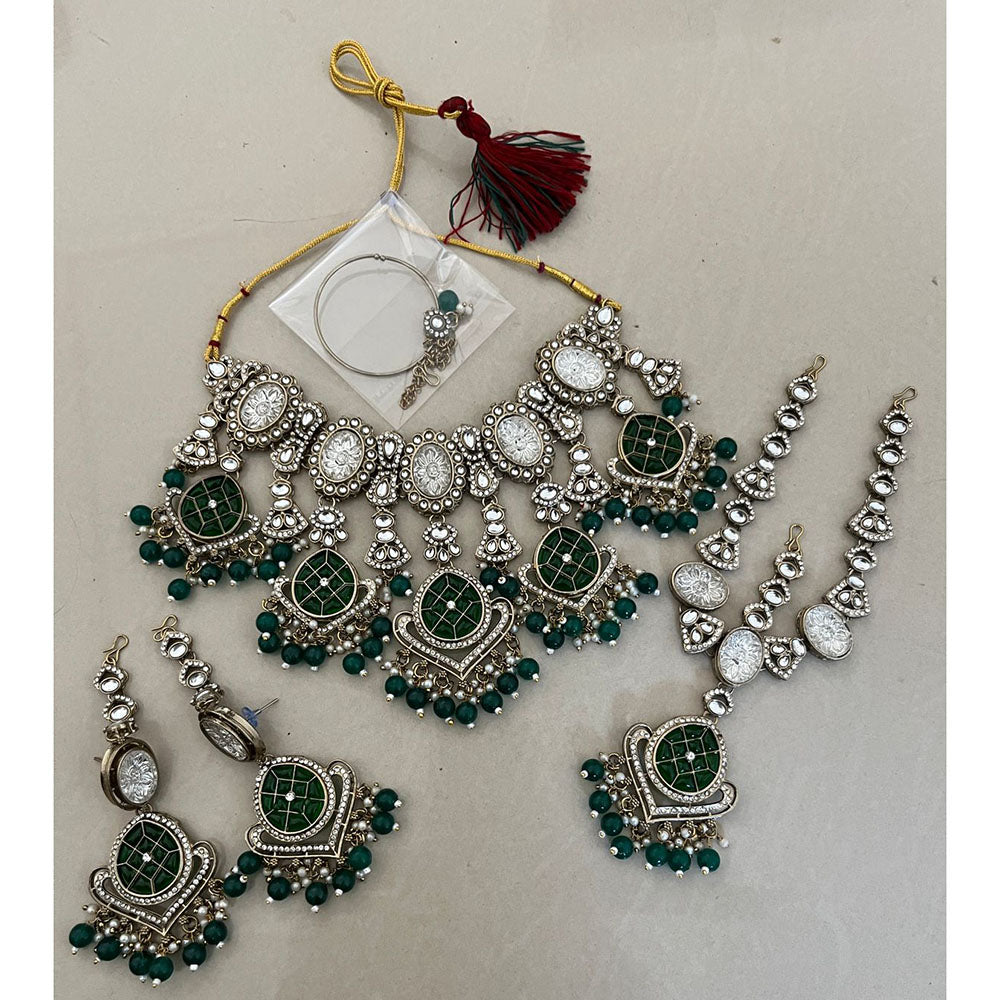India Art Royal Pearl Kundan Stone Pearl And Beads Semi Bridal Necklace Set