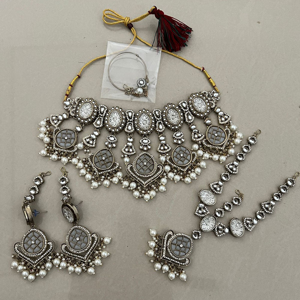 India Art Royal Pearl Kundan Stone Pearl And Beads Semi Bridal Necklace Set