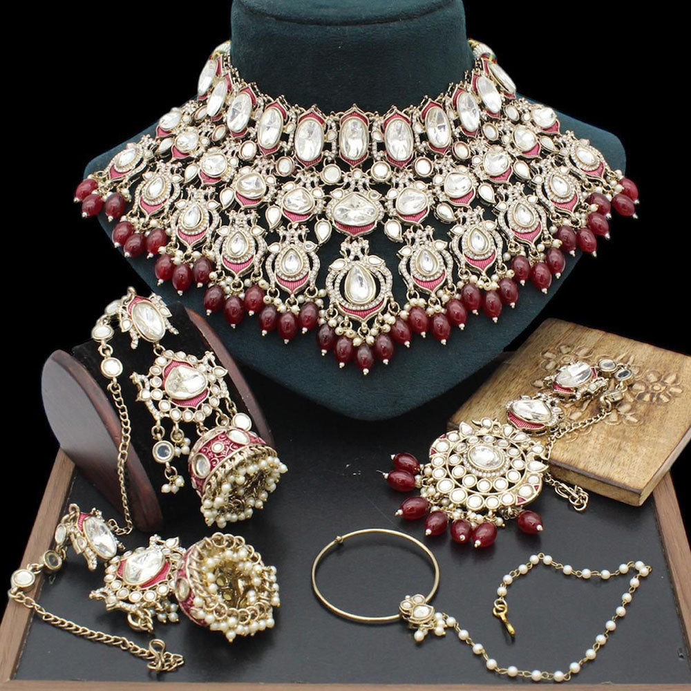 India Art Royal Pearl Kundan Stone Pearl And Beads Semi Bridal Necklace Set