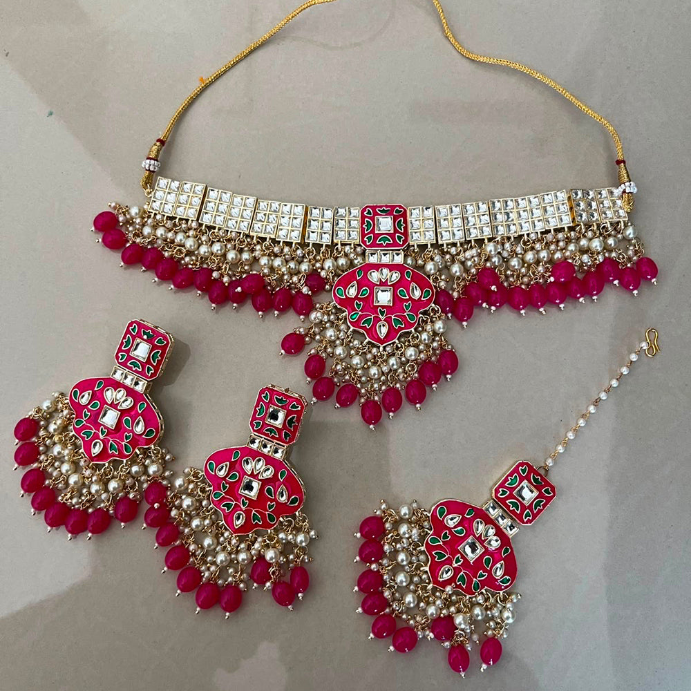 India Art Classic Kundan Stone And Pearl Meenakari Choker Necklace Set for Women