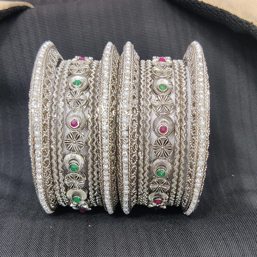 Pooja Bangles Silver Plated Pota Stone And Pearl Bangles Set