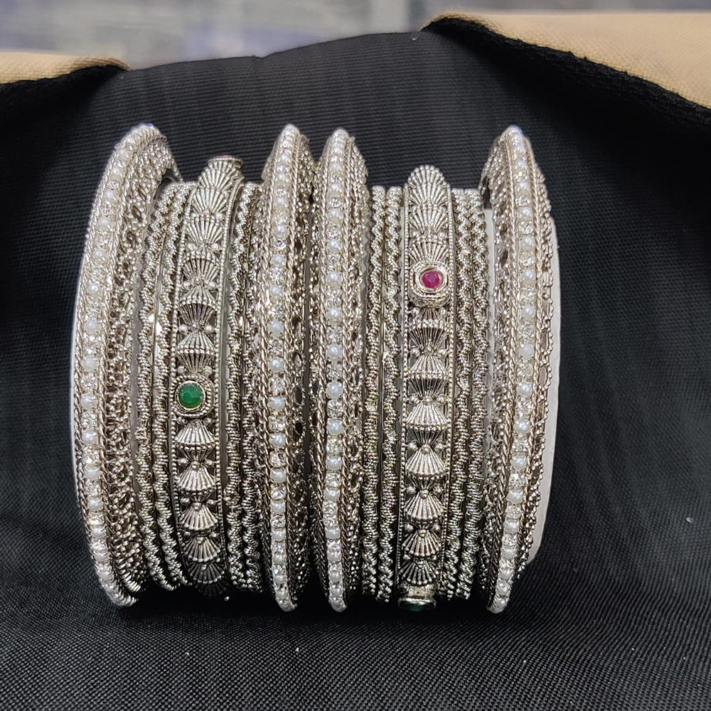 Pooja Bangles Silver Plated Pota Stone And Pearl Bangles Set