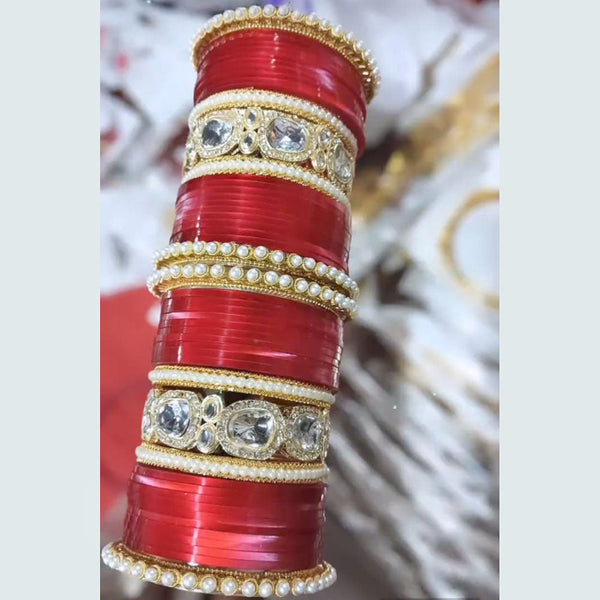 Pooja Bangles Gold Plated Crystal Stone And Pearl Acrylic Bangle Set