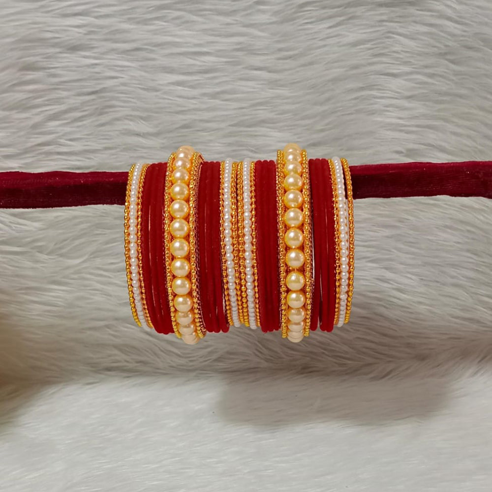 Pooja Bangles Gold Plated Velvet And Pearl Bangle Set