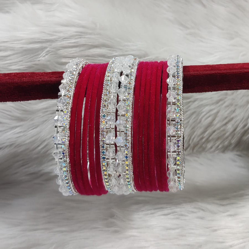 Pooja Bangles Sliver Plated Austrian Stone And Velvet Bangles Set