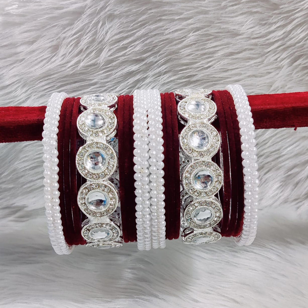 Pooja Bangles Silver Plated Austrian Stone And Velvet Bangles Set