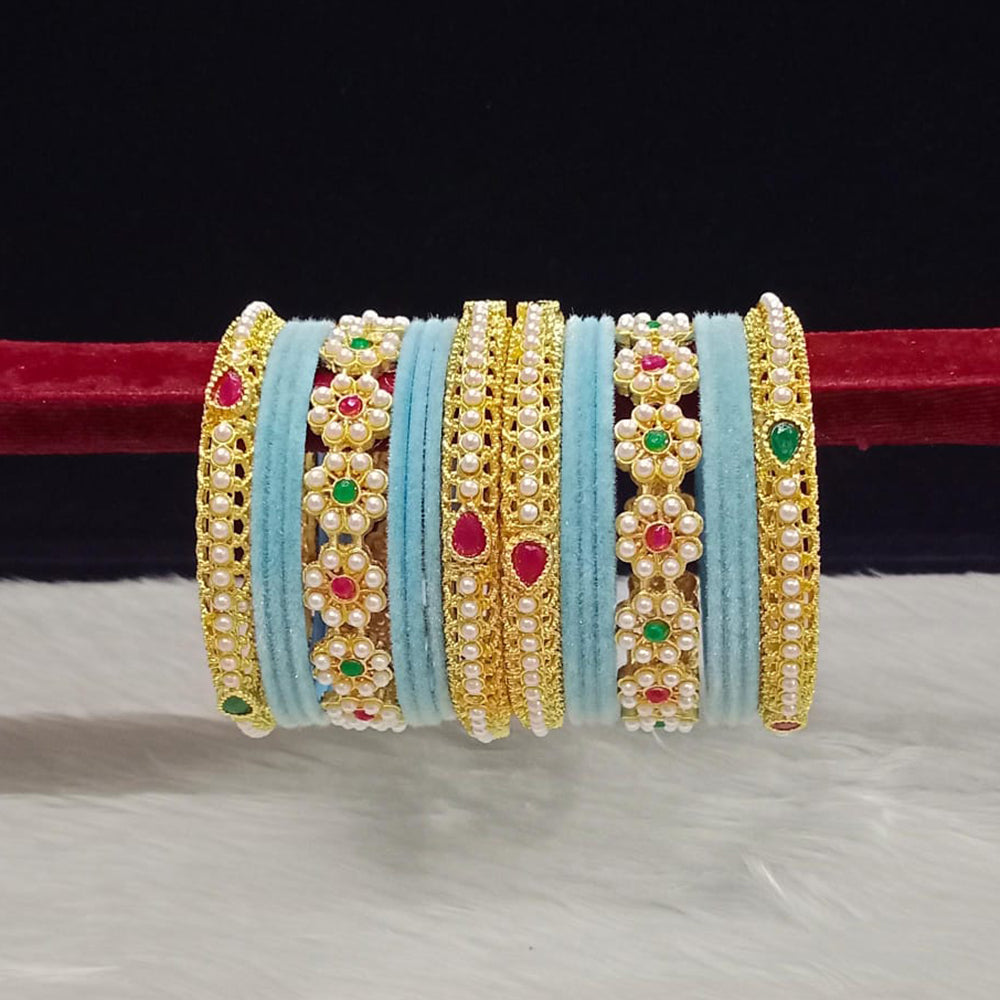 Pooja Bangles Gold Plated Pota Stone And Pearls Velvet Bangles Set