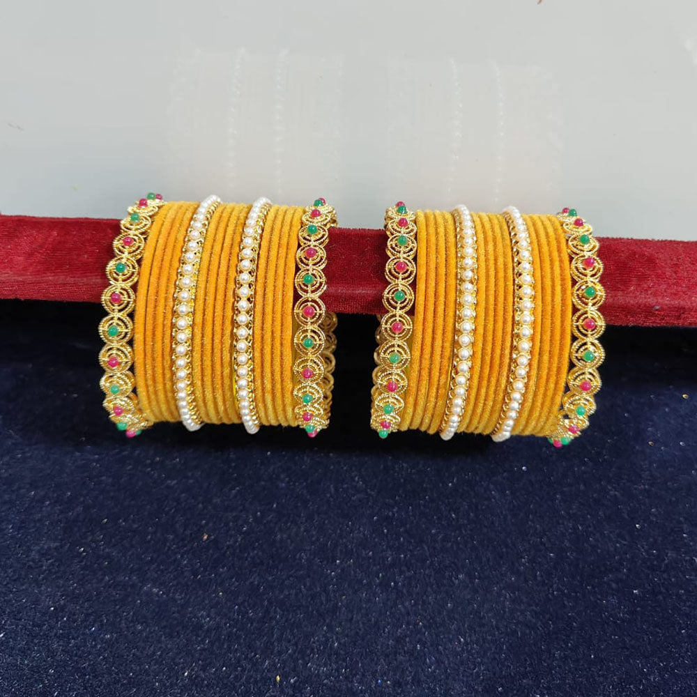 Pooja Bangles Gold Plated Pearls Velvet Bangles Set