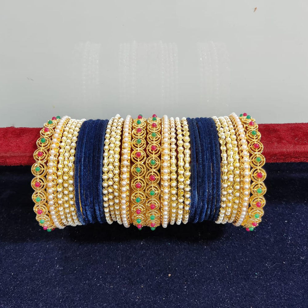 Pooja Bangles Gold Plated Pearls Velvet Bangles Set