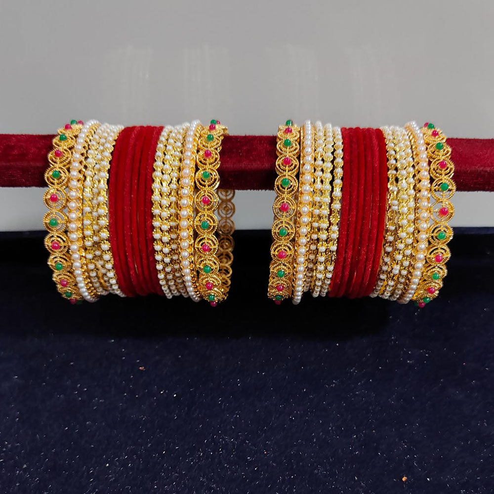 Pooja Bangles Gold Plated Pearls Velvet Bangles Set
