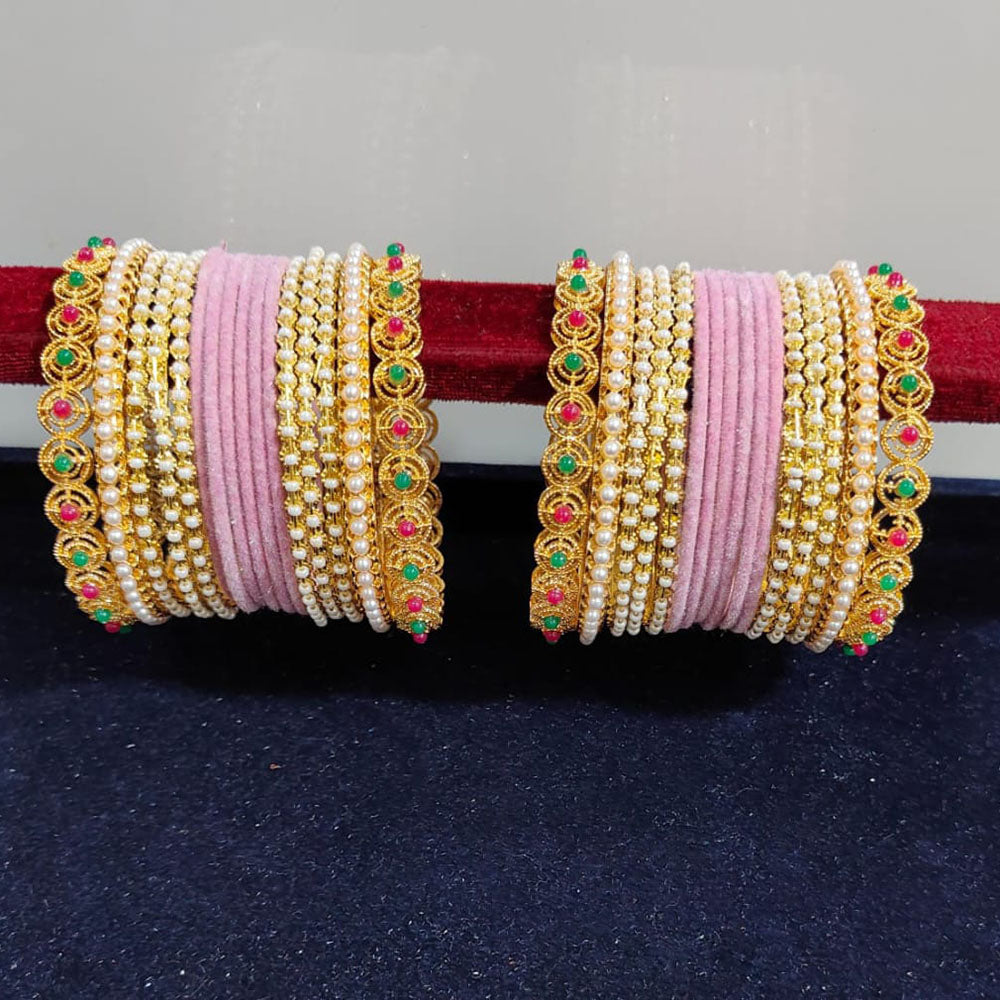 Pooja Bangles Gold Plated Pearls Velvet Bangles Set