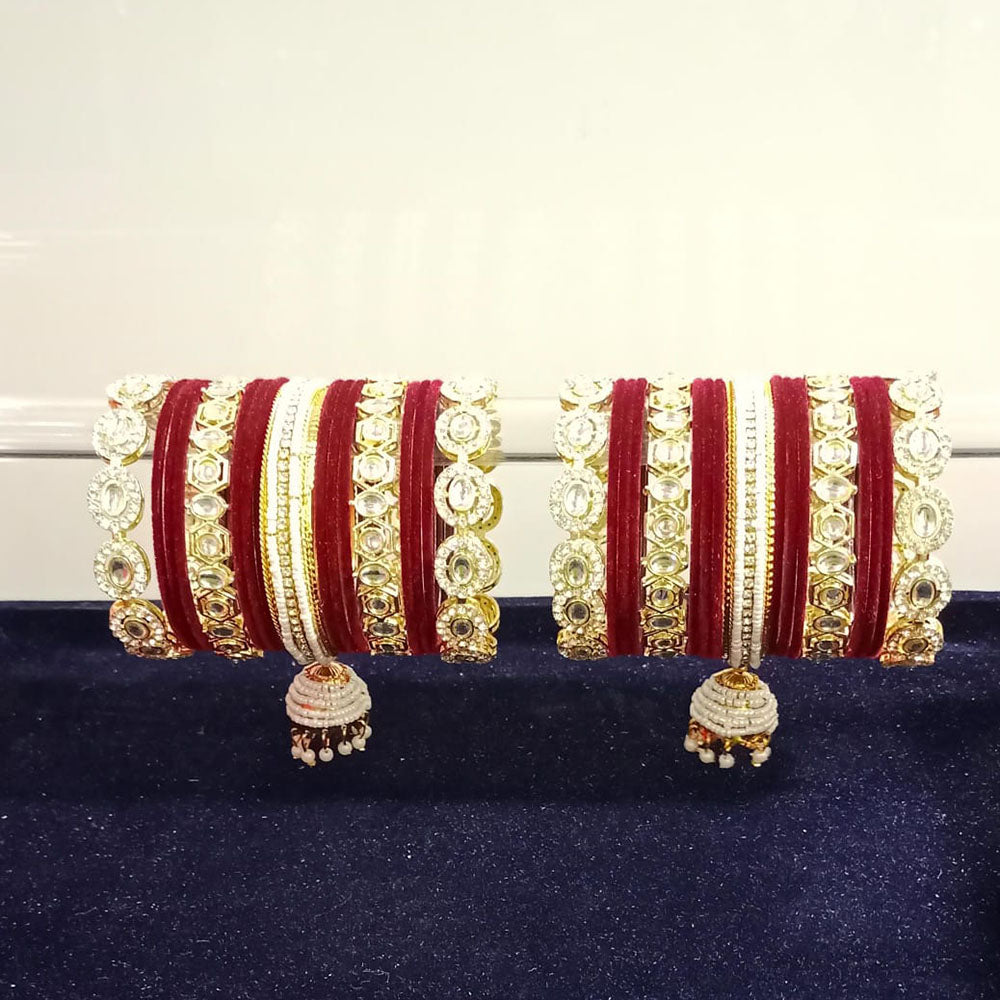 Pooja Bangles Gold Plated Kundan Stone And Pearls Velvet Bangles Set