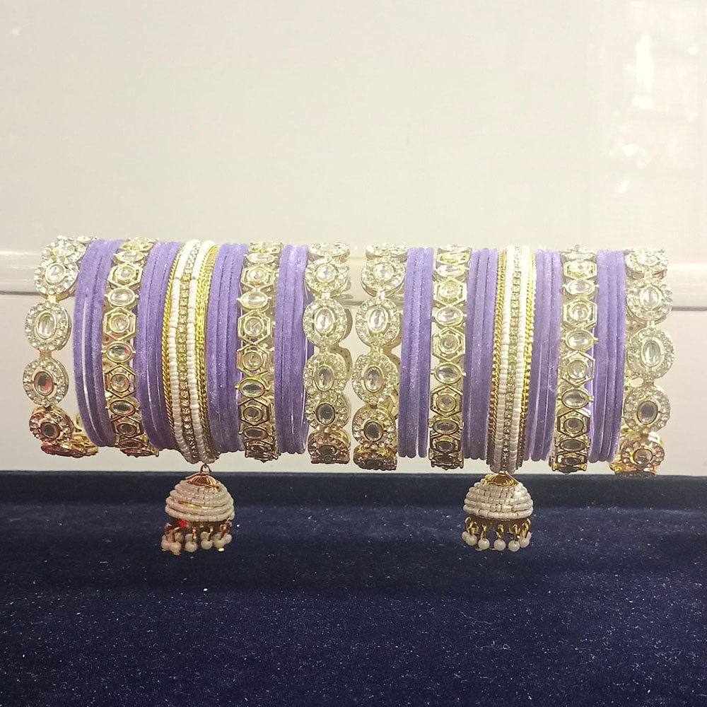 Pooja Bangles Gold Plated Kundan Stone And Pearls Velvet Bangles Set