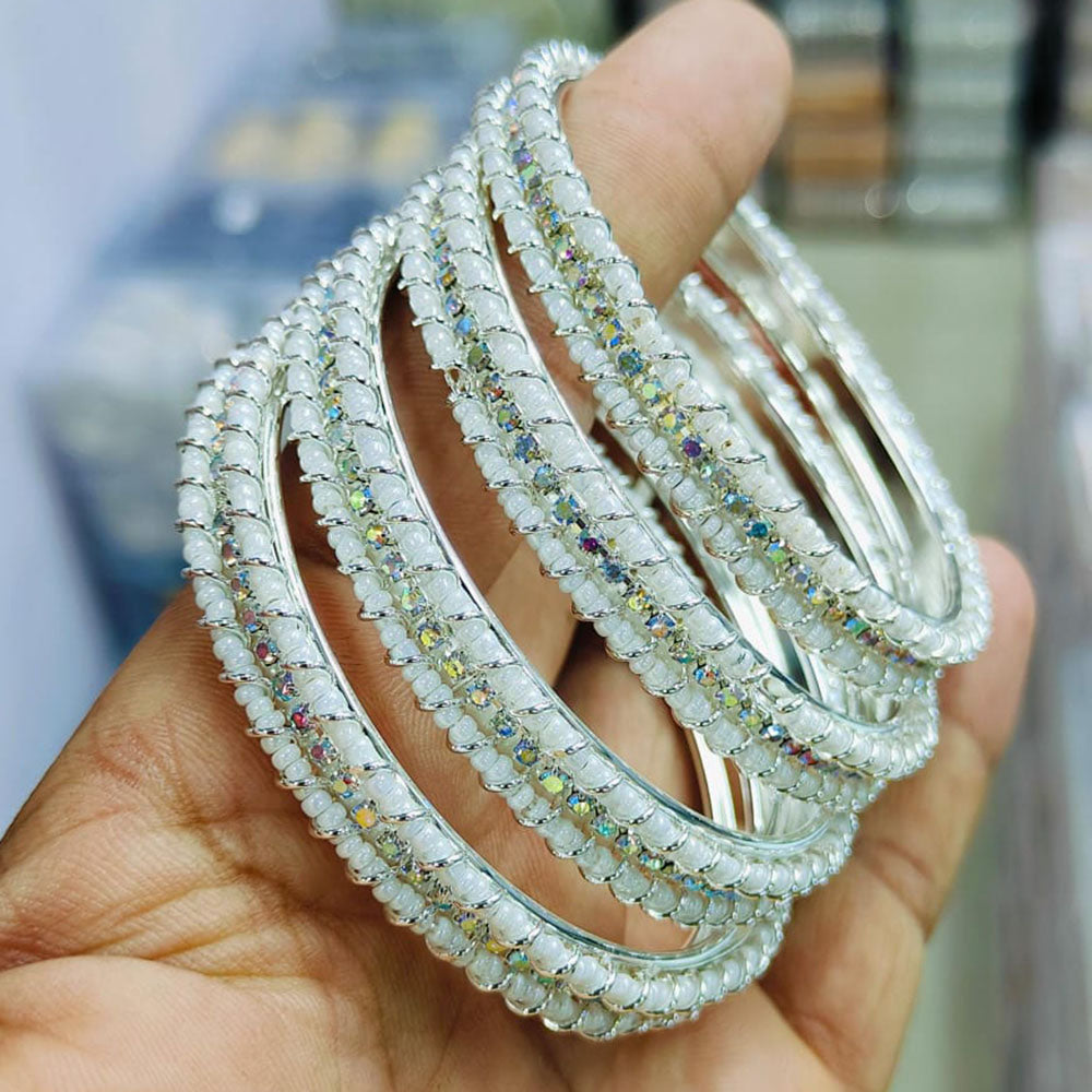 Pooja Bangles Silver Plated Austrian Stone And Pearls Bangles Set