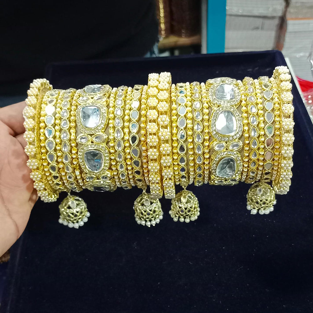 Pooja Bangles Gold Plated Pearl And Kundan Stone Bangle Set