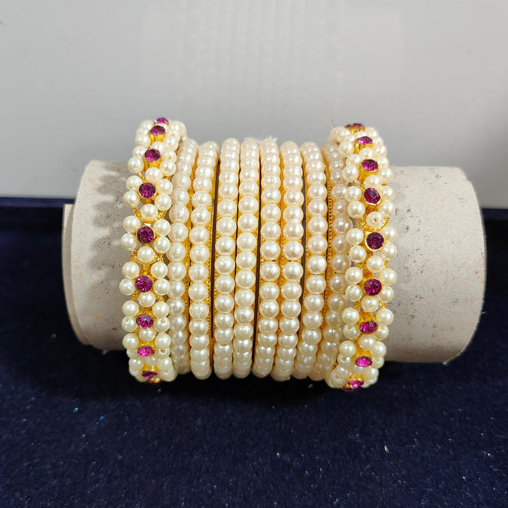 Pooja Bangles Gold Plated Austrian Stone Pearls Bangles Set - Main Image