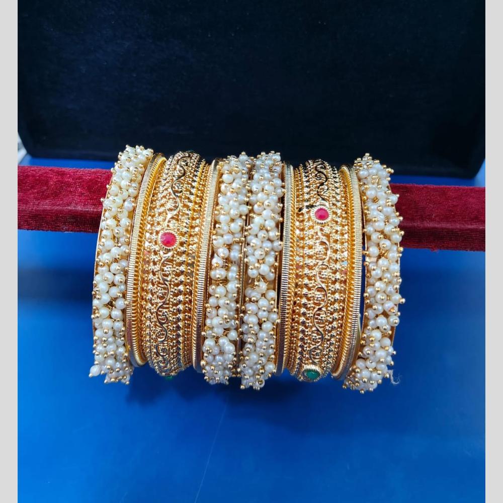 Pooja Bangles Gold Plated Pota Stone And Pearls Bangle Set