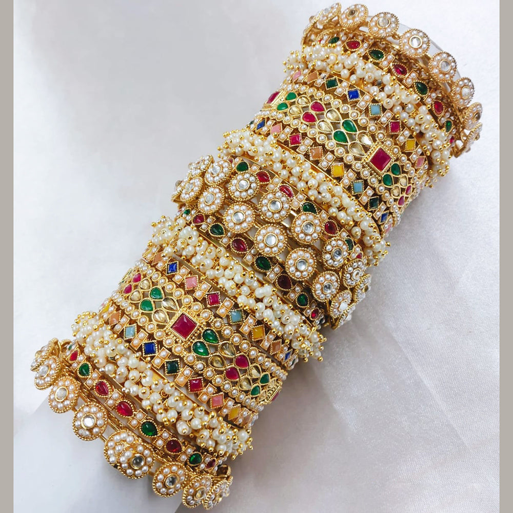 Pooja Bangles Gold Plated Pota Stone And Pearls Bangle Set
