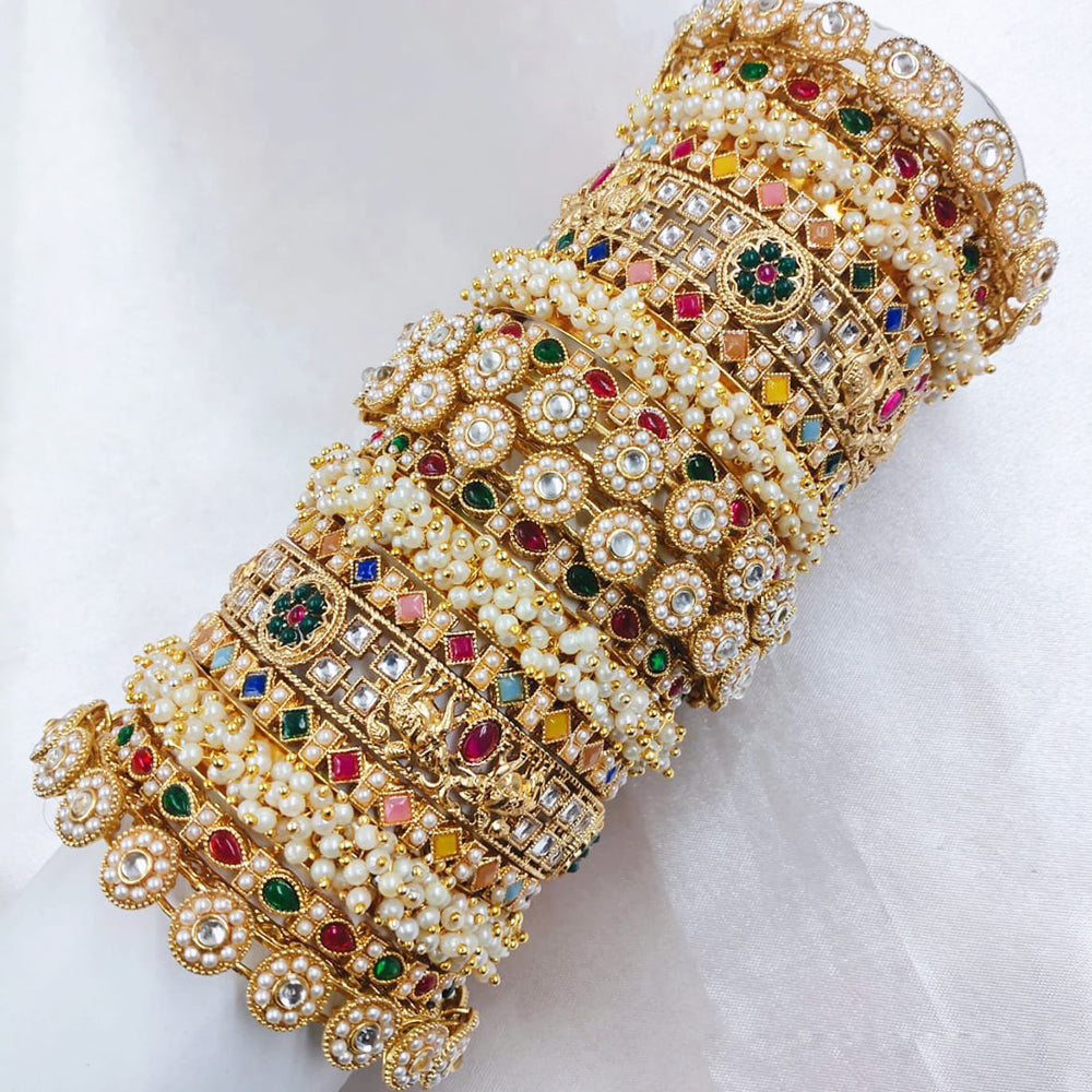 Pooja Bangles Gold Plated Pota Stone And Pearls Bangle Set