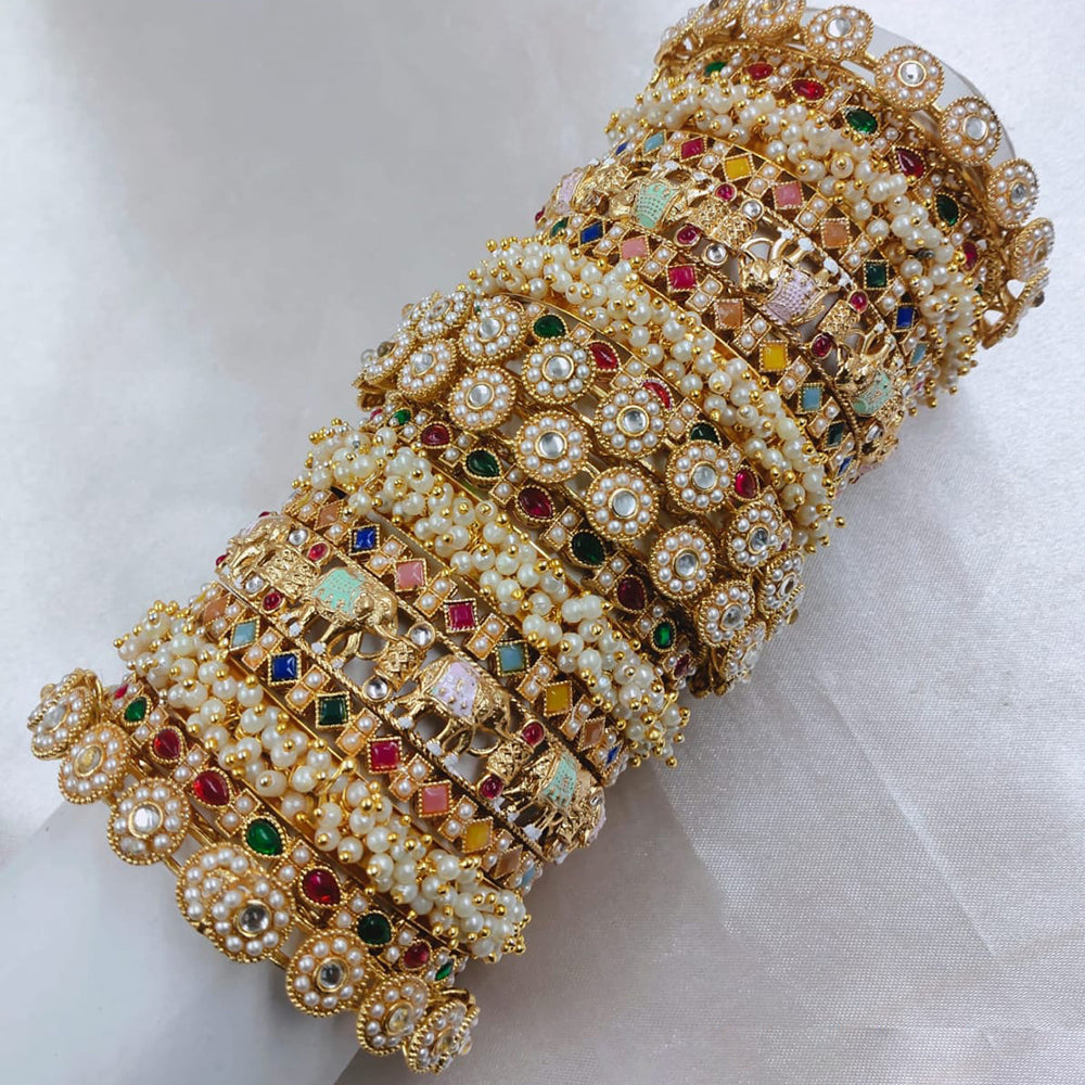 Pooja Bangles Gold Plated Pota Stone And Pearls Bangle Set
