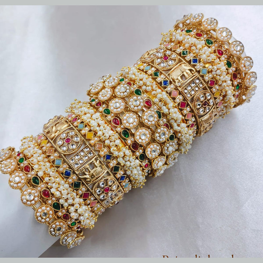 Pooja Bangles Gold Plated Pota Stone And Pearls Bangle Set