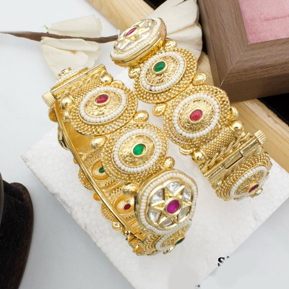Pooja Bangles Gold Plated Pota Stone And Pearls Openable Bangles Set