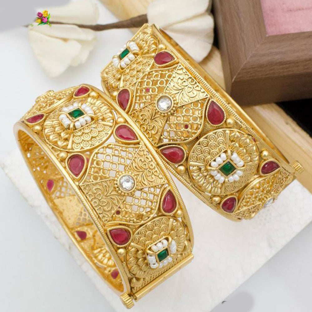 Pooja Bangles Gold Plated Pota Stone And Pearls Openable Bangles Set