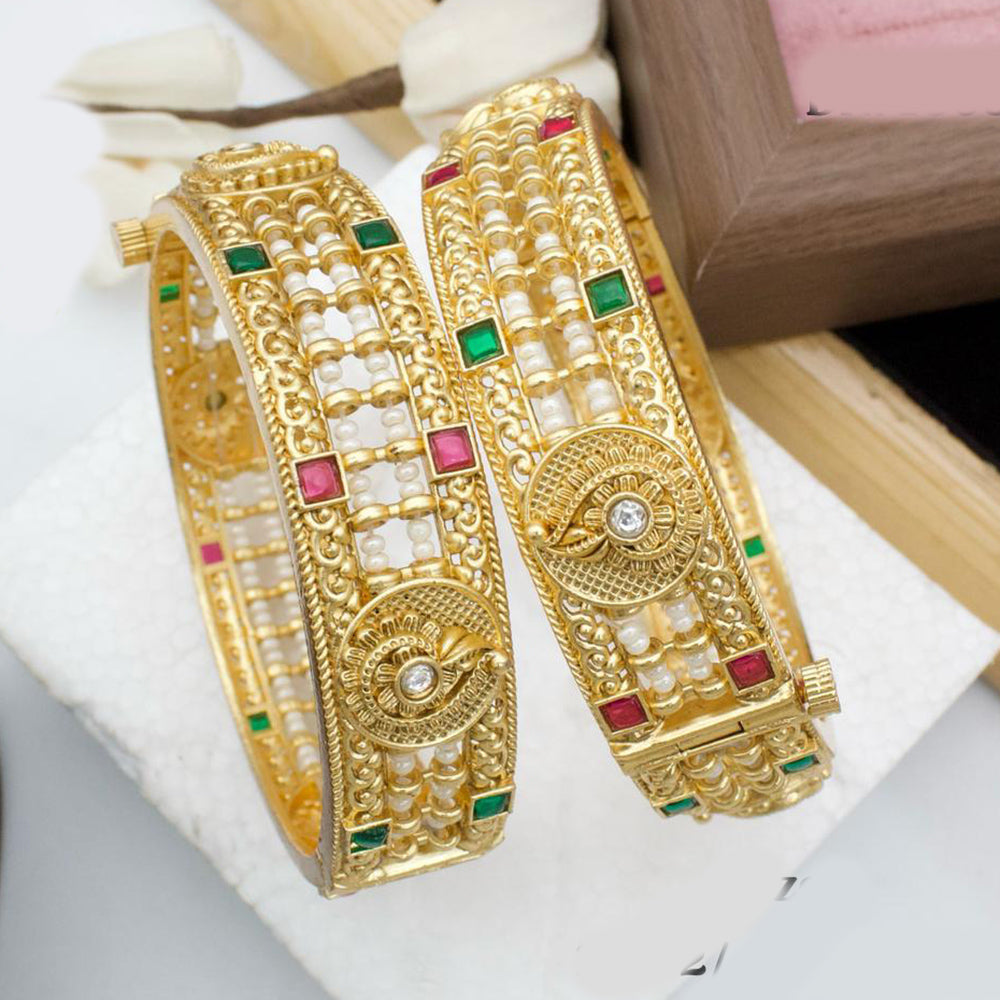 Pooja Bangles Gold Plated Pota Stone And Pearls Openable Bangles Set