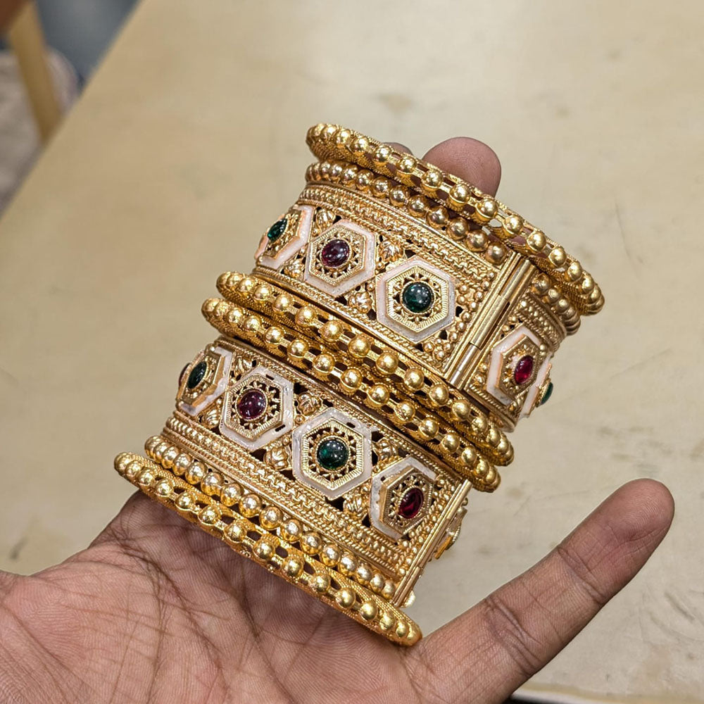 Pooja Bangles Gold Plated Pota Stone And Meenakari Bangles Set