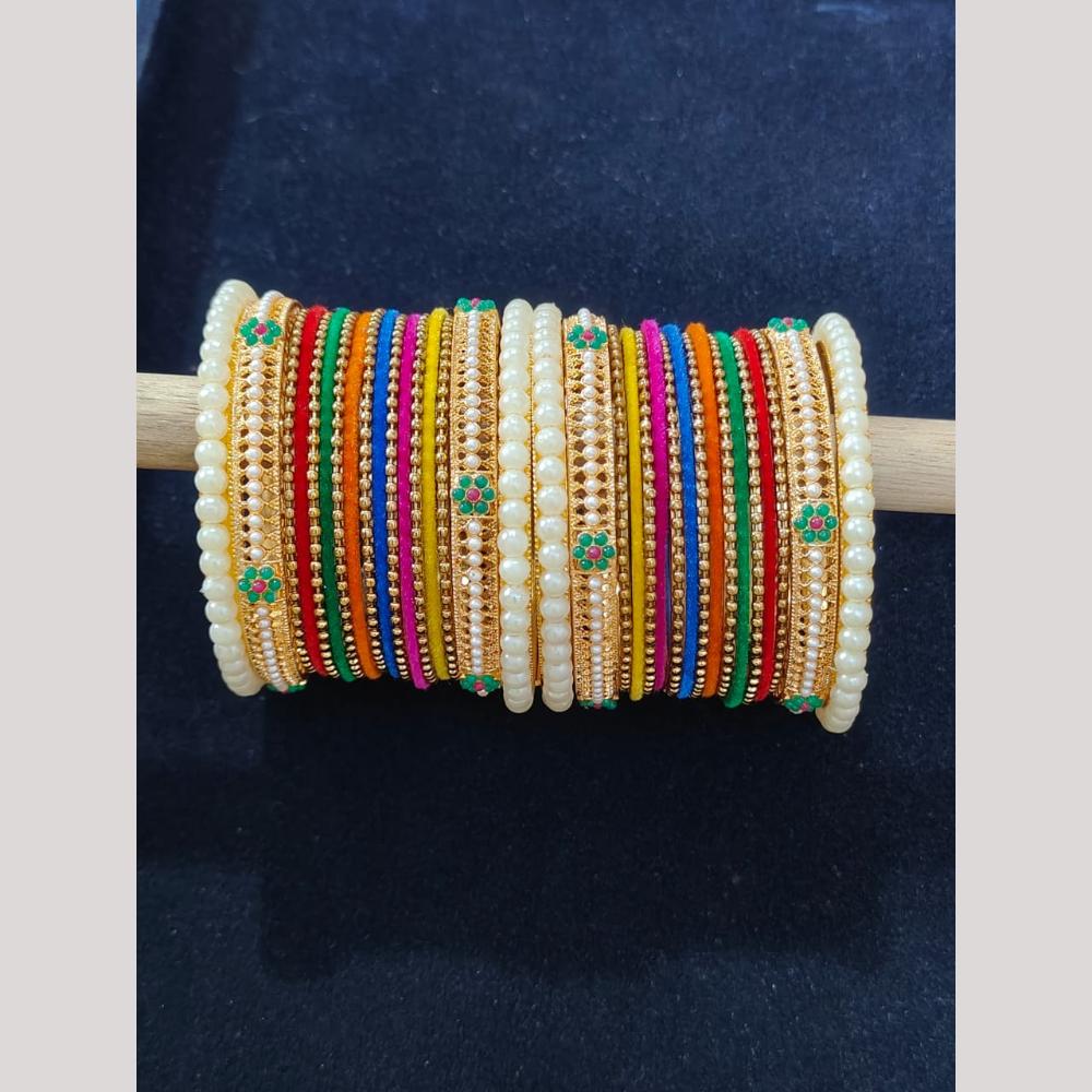 Pooja Bangles Gold Plated Pearl Velvet And Matel Bangles Set