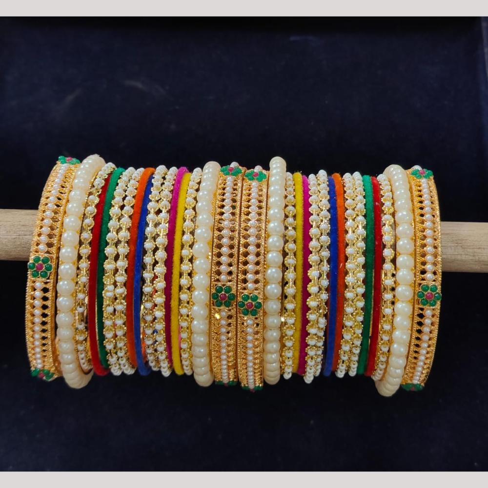 Pooja Bangles Gold Plated Pearl Velvet And Matel Bangles Set