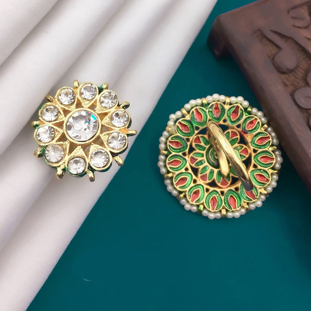 Pooja Bangles Gold Plated Austrian Stone And Pearl Adjustable Ring