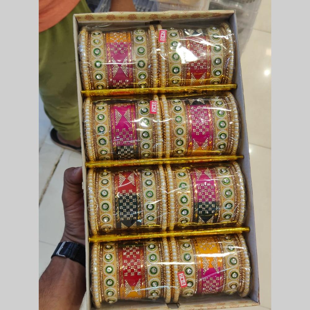 Pooja Bangles Gold Plated Austrain Stone And Pearls Acrylic Bangles Set