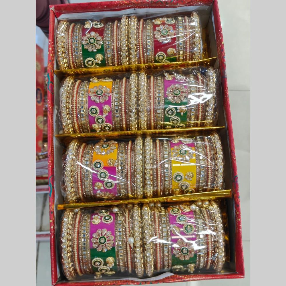 Pooja Bangles Gold Plated Austrain Stone And Pearls Acrylic Bangles Set